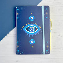 Load image into Gallery viewer, Custom Evil Eye Notebook & Crystal Pen Set – Personalised Gratitude Diary and Planner