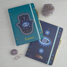 Load image into Gallery viewer, Custom Evil Eye Notebook & Crystal Pen Set – Personalised Gratitude Diary and Planner