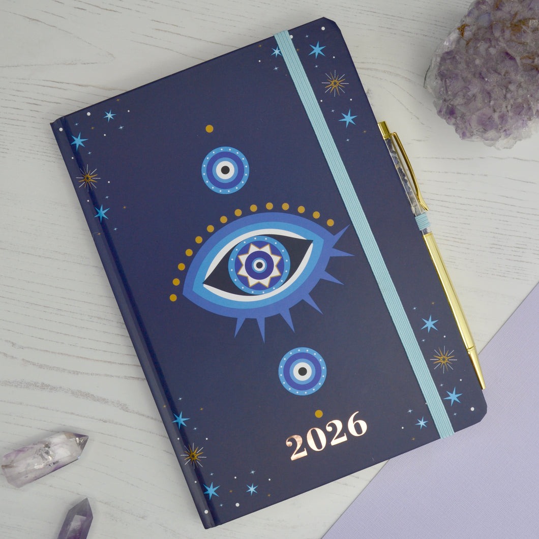 Custom Evil Eye Notebook & Crystal Pen Set – Personalised Gratitude Diary and Planner