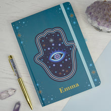 Load image into Gallery viewer, Custom Hamsa Notebook &amp; Crystal Pen Set – Personalised Gratitude Diary and Planner

