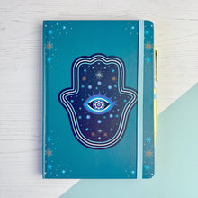 Load image into Gallery viewer, Custom Hamsa Notebook &amp; Crystal Pen Set – Personalised Gratitude Diary and Planner

