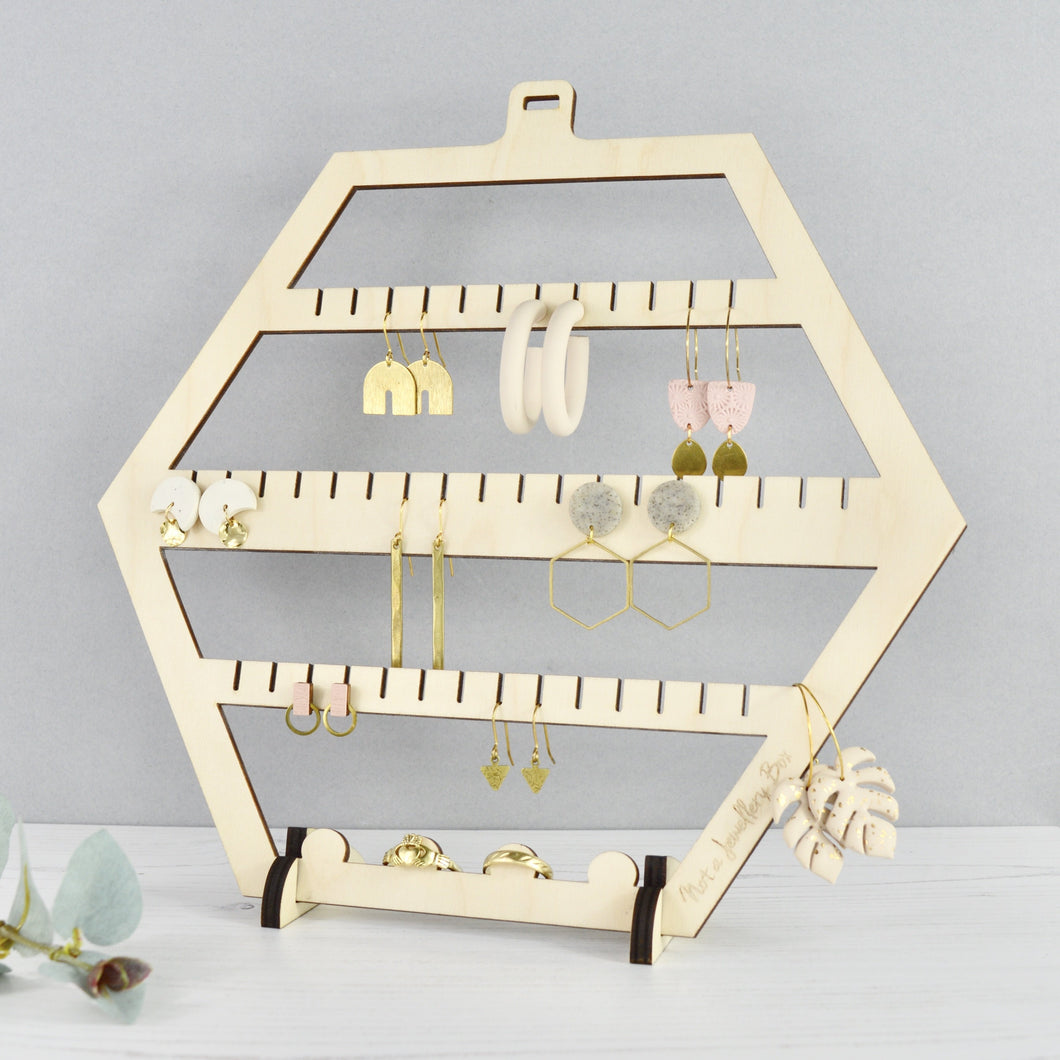 Hexagon Earring Holder - Wooden Display Stand